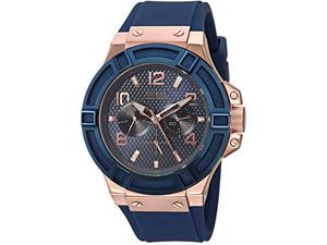 guess men's rigor iconic blue stain resistant silicone watch with rose gold-tone day + date (model: u0247g3)