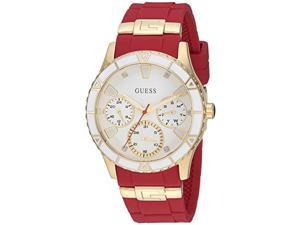 guess gold-tone + iconic red stain resistant silicone watch with day, date + 24 hour military/int'l time. color: red (model: u1157l2)