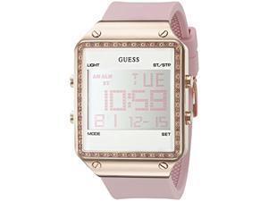 guess rose gold-tone pink digital stain resistant silicone watch. with day, date, 24 hour military/int'l time, dual time zone + alarm. color: pink (model: u0700l2)
