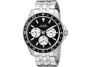 guess stainless steel + black bracelet watch with day, date + 24 hour military/int'l time. color: silver-tone (model: u1107g1)