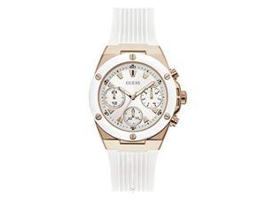 guess women's stainless steel analog quartz watch with silicone strap, white, 19.8 (model: gw0030l3)