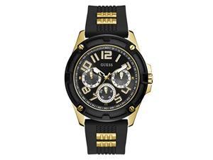 guess men stainless steel analog watch with silicone strap, black 
