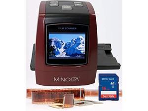 minolta film & slide scanner, convert color & b&w 35mm, 126, 110 negative & slides, super 8 films to high resolution 22mp jpeg digital photos, 16gb sd card, worldwide 110v/240v ac adapter (red)
