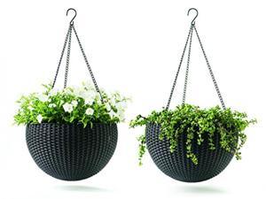 keter resin rattan set of 2 round hanging planter baskets for indoor and outdoor plants-perfect for porches and patio decor, dark grey