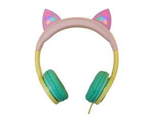 gabba goods premium kid's/children's safe sound led light up in the dark cat over the ear comfort padded stereo headphones with aux cable | earphones - 85 decibels