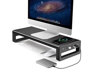 vaydeer usb3.0 wireless charging aluminum monitor stand riser support transfer data and charging,keyboard and mouse storage desk organizer up to 27inch for computer macbook pc (black?