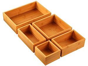 5-piece bamboo drawer organizer set, multi-use storage box set, varied sizes junk drawer organizer for office, home, kitchen, bedroom, bathroom by pipishell