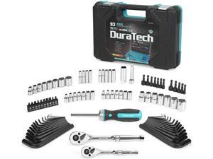 DURATECH 93 Piece Mechanics Tool Set, SAE/ Metric Drive Socket Set(1/4 Inch and 3/8 Inch) with Ratchet handle Spark Plug Magnetic bit driver and Tool Accessories Set