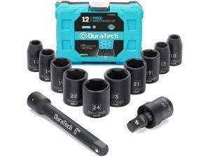 DURATECH 1/2 Inch Drive Impact Socket Set 12 Pieces, 10-24 mm 10 Pieces Metric Sockets with Impact Swivel Adapter and 6-Inch Impact Extension Bar DURATECH 1/2 Inch Drive Impact Socket Set 12 Pieces, 10-24 mm 10 Pieces Metric Sockets with Impact Swivel Adapter and 6-Inch Impact Extension Bar