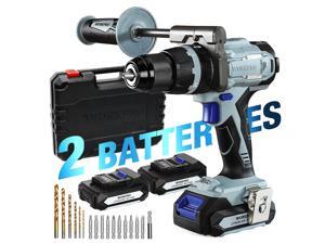 WORKPRO 20V Brushless Cordless Drill, with 2 Batteries(2.0 Ah) and Auxiliary Handle, 487 IN-LBS 21+3 Torque Setting, 1/2” Chuck, 21 Pieces Drill Driver Kit with Hard Carrying Case
