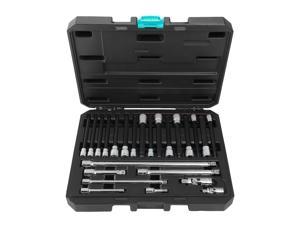 DURATECH 24-Piece Long Bit Socket Set, Includes 1/4'' & 3/8'' Long Allen / Hex / Torx Bit Sockets, Extension Bars, Universal Joints, Tool Box, CR-V and S2 Steel Made, SAE & Metric