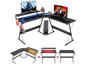 Bestier 55.2" Gaming Desk Racing Style PC Computer Desk L-Shaped Desk Corner Home Office Table with Ergonomic Monitor Stand & RGB Strip Light & Multifunctional Hook (Black Carbon Fiber)