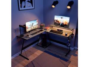 Bestier 55.2'' L-Shaped Desk Corner Home Office Table Industrial Style PC Computer Desk Gaming Desk with Ergonomic Monitor Stand & RGB Strip Light & Multifunctional Hook (GRY Engineered Wood)
