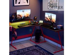 Bestier 55.2'' Gaming Desk Racing Style PC Computer Desk L-Shaped Desk Corner Home Office Table with Ergonomic Monitor Stand & RGB Strip Light & Multifunctional Hook (RED Carbon Fiber)