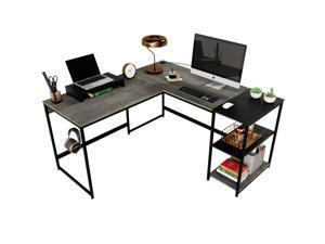 Bestier Industrial L Shaped Desk with Shelves 94.5 Inch Reversible Corner Computer Desk or 2 Person Long Table for Home Office Writing Study Workstation with Monitor Stand and Headphone Hook, Gray