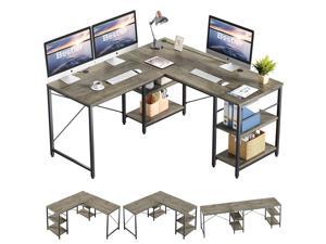 Bestier L Shaped Desk with Shelves 95.2 Inch Reversible Corner Computer Desk or 2 Person Long Table for Home Office Large Gaming Writing Storage Workstation P2 Board with 3 Cable Holes, Gray