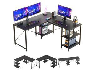 Bestier L Shaped Gaming Desk with Shelves 95.2 Inch Reversible Corner Computer Desk or 2 Person Long Table for Home Office Large Writing Storage Workstation P2 Board with 3 Cable Holes, Carbon Fiber