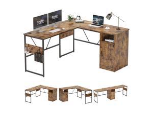 Bestier Reversible 60 inches L Shaped Computer Desk with Storage Cabinet Long Desk for 2 Person ustic Brown