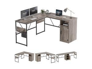 Bestier Reversible 60 inches L Shaped Computer Desk with Storage Cabinet Long Desk for 2 Person Wash Gray