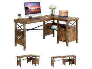 Bestier Farmhouse L-Shaped Computer Desk with Storage Cabinet Rustic Brown