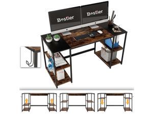 Bestier Home Office Computer Desk 55 inch with 4 Storage Shelves and Headphone Hanger Dual Monitor Study Writing Table Desk Modern Simple Laptop Desk Splice Board Rustic Brown