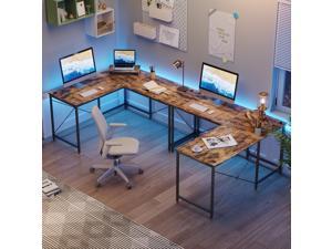 Bestier 95.2 inch L-Shaped Computer Desk with Monitor Stand and 3 Cable Holes in Rustic Brown