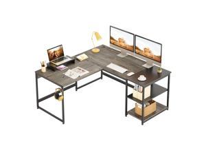 Bestier Industrial L Shaped Desk with Shelves 94.5 Inch Reversible Corner Computer Desk or 2 Person Long Table for Home Office Writing Study Workstation with Monitor Stand and Headphone Hook, Gray