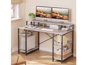Bestier Gaming Desk with Monitor Shelf, 55 inches Home Office Desk with Open Storage Shelves, Writing Gaming Study Table Workstation for Small Space, White