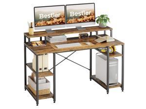 Bestier Gaming Desk with Monitor Shelf, 55 inches Home Office Desk with Open Storage Shelves, Writing Gaming Study Table Workstation for Small Space, Carbon Fiber