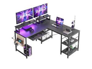Bestier L Shaped Gaming Desk with Led Light 95.2 Inch Computer Corner Desk or 2 Person Long Table with Shelves Monitor Stand and Keyboard Tray for Home Office
