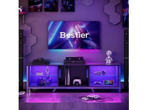 Bestier TV Stand with LED Light for 75 inch TV Modern Gaming Entertainment Center with Detachable Glass Shelves for PS5 Black Carbon Fiber