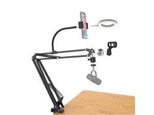 LenTok Desk Mic Stand with Gooseneck Extension Arm, Heavy Duty Microphone Boom Arm with Phone Holder Compatible with Blue Yeti Snowball Rode Hyperx Quadcast Mic
