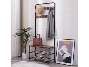 Coat Rack, Hall Tree with Shoe Bench for Entryway, Industrial Accent Living Furniture with Steel Frame, Leveling Feet,3-in-1 Design, Easy Assembly,Black(28"x15"x71")