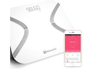 ROOMIE TEC Smart Bluetooth Body Scale | BMI, BMR, Bone Mass, Muscle, Body Fat Analyzer | Bioimpedance BIA Bathroom Scale | Smartphone App to Monitor Weight Loss, Fitness Goals | White Glass