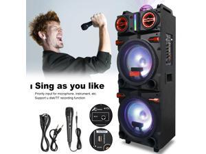Portable 1000W Wireless Bluetooth Speaker Subwoofer Sound System with Dual 10" Woofers, Magic Ball Party Lights, USB / Aux / FM / Mic / Guitar Inputs, Wheels & Handle