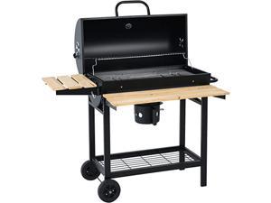 SUNCHIEF 613 Square Inches Heavy Duty Trolley Charcoal BBQ Grill Outdoor with Offset Smoker & Foldable Wooden Shelf