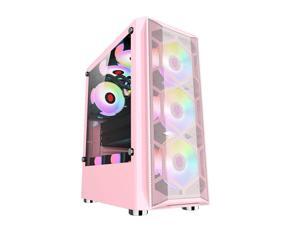 PSLizGamer ATX Mid-Tower Gaming Case, M-ATX/ITX Compact Computer Case, Front Mesh Panel USB 3.0 Tempered Glass PC Case, Water Cooler Desktop Case, 8 Fan Positions without Fans, Ice Drill II Pink