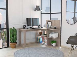 FM FURNITURE Fresno Computer Desk, For An Office Or Home Office, With 4 Shelfs, And Dual Table Top, Light Gray Finish, Particle Board, Wood texture, Easy To Assamble. FM FURNITURE Fresno Computer Desk, For An Office Or Home Office, With 4 Shelfs, And Dual Table Top, Light Gray Finish, Particle Board, Wood texture, Easy To Assamble.