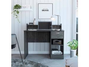 FM FURNITURE Charlotte Computer Desk, For An Office Or Home Office, With Open 2 Shelves, And 1 Drawer, Smokey Oak Finish, Particle Board, Wood Texture, Easy To Assamble. FM FURNITURE Charlotte Computer Desk, For An Office Or Home Office, With Open 2 Shelves, And 1 Drawer, Smokey Oak Finish, Particle Board, Wood Texture, Easy To Assamble.
