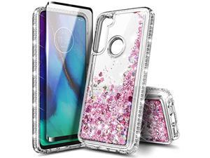 Case For Motorola Moto G Fast (2020 Release) With Tempered Glass Screen Protector, Glitter Flowing Liquid Floating Quicksand W/Sparkling Bling Diamond, Durable Girls Cute Case (Rose Gold)