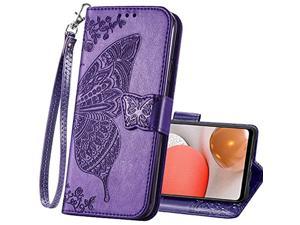 Galaxy A32 5G CaseFor Samsung A32 5G Pu Leather Wallet Flip Protective Phone Case With Wrist Strap Card Slots Holder Pocket Emboss Butterfly Flower Stand Case For Samsung Galaxy A32 5G Purple