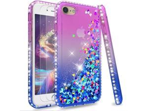 iPhone SE 2020 Case, iPhone 8 Case, iPhone 7 Case with Tempered Glass Protector [2 Pack] for Girls Women, LeYi Luxury Bling Diamond Glitter Liquid Quicksand Protective Phone Case Cover Purple/Blue