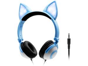 ONTA Kids Headphones with Cute LED Glowing Cat EarsFoldable NoiseCanceling and Adjustable Toddlers Headphones for Boys and Girls Blue