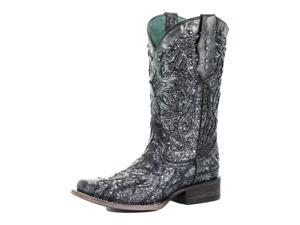 Corral Western Boot Womens Square Glitter Inlay 8.5 M Black Gray C3404 Corral Western Boot Womens Square Glitter Inlay 8.5 M Black Gray C3404