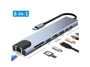Abelanja 8 in 1 USB 3.0 Hub For Laptop Adapter PC Computer PD Charge 8 Ports Dock Station RJ45 HDMI TF/SD Card Notebook Type-C Splitter