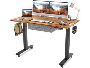 FEZIBO Electric Height Adjustable Standing Desk with Drawer, 55 x 24 Inches Splice Board, Black Frame/Rustic Brown Top