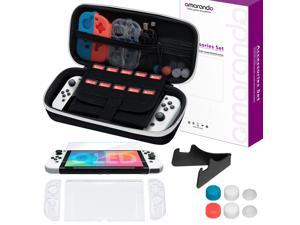 omarando Carrying Case Accessories Kit for Nintendo Switch (OLED model),with TPU Protective Case Cover , Tempered Glass Screen Protector ,Thumb Grip Caps .Mini travel playstand (Black-White)