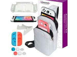 omarando TPU Protective Case Accessories Kit for Nintendo Switch (OLED model) ,with Travel Shoulder Carrying Case , Tempered Film ,TPU Joycon Covers ,Thumb Grip Caps ,Playstand(White)