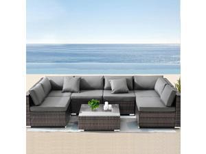 7 Pieces Patio Furniture Set, Outdoor Sectional Sofa PE Rattan Wicker Conversation Set Outside Couch with Table and Cushions for Porch Lawn Garden Backyard, Dark Gray 7 Pieces Patio Furniture Set, Outdoor Sectional Sofa PE Rattan Wicker Conversation Set Outside Couch with Table and Cushions for Porch Lawn Garden Backyard, Dark Gray