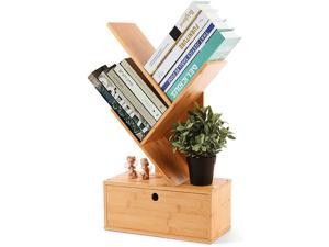 HYNAWIN Bamboo Tree Bookshelf with Drawers, 3-Tier Desktop Display Bookcase in Living Room/Home/Office,Free Standing Storage Rack Shelves for Books/Magazines/CDs/DVDs/Movies/Files/Photo Albums